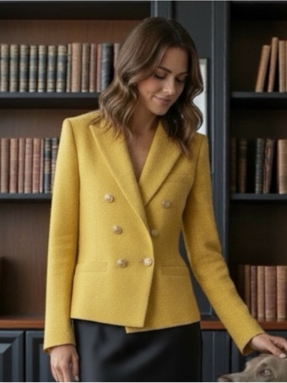 L'Agence Kenzie Mustard Gold Tweed Double-Breasted Blazer Crest Buttons |Size 6